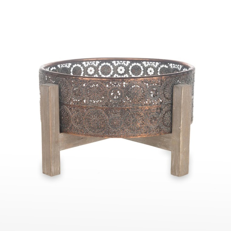 Suporte Madeira com vaso em cor de Bronze